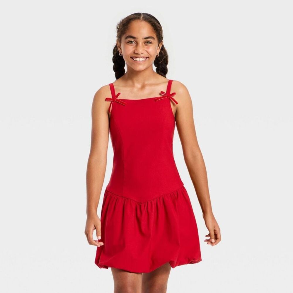 Girls' Drop Waist Bubble Hem Dress - art class Red XL